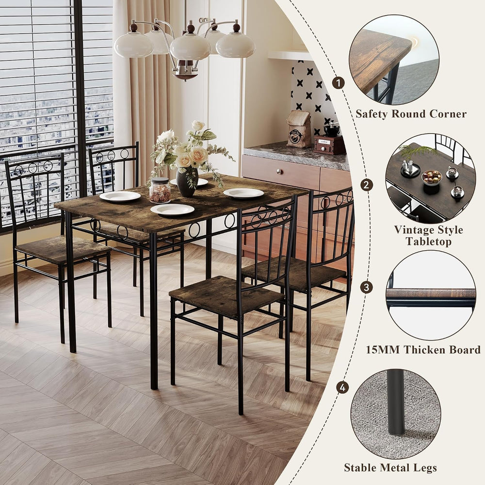 5 Piece Dining Table Set, Modern Metal&Wood Kitchen Dinner Table with 4 C...