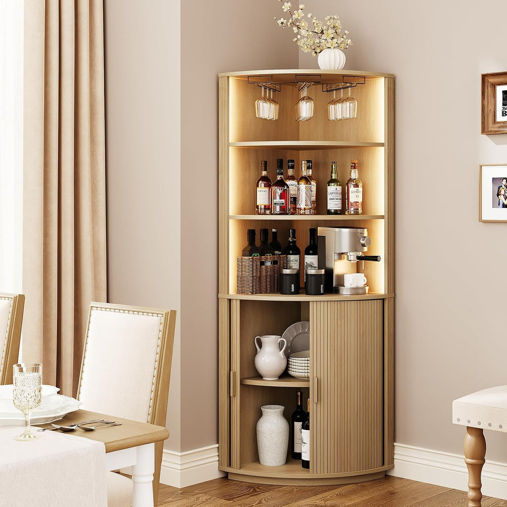 ONBRILL 72" Tall Corner Bar Cabinet with LED Light, Liquor Cabinets, Oak