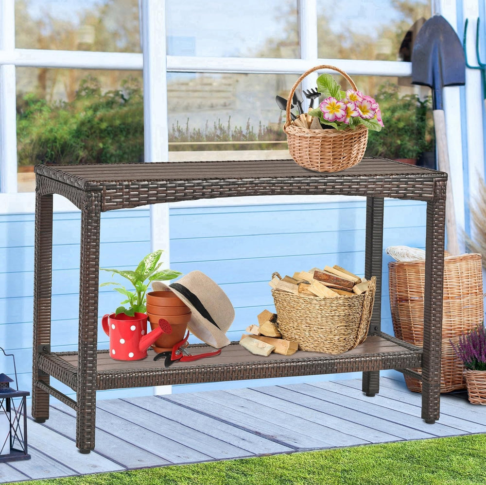 Outdoor Console Table Patio Buffet Bar Storage Organizer 45" Long Wicker...
