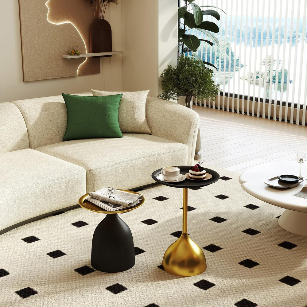 Benkyo Black and Gold Nesting Tables Pedestal Coffee Table Set of 2 Round Sid...