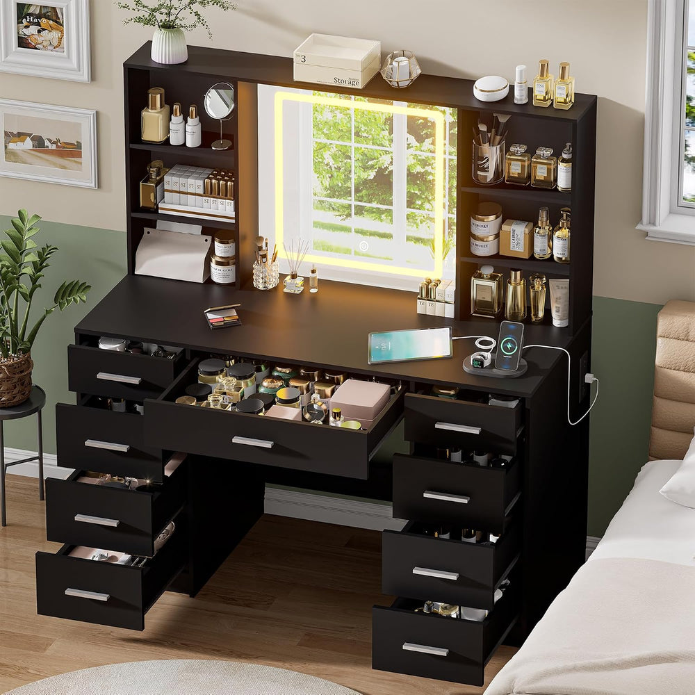 Black Vanity Desk with Mirror and Lights,Makeup Vanity with 9 Drawers, 6 Shel...