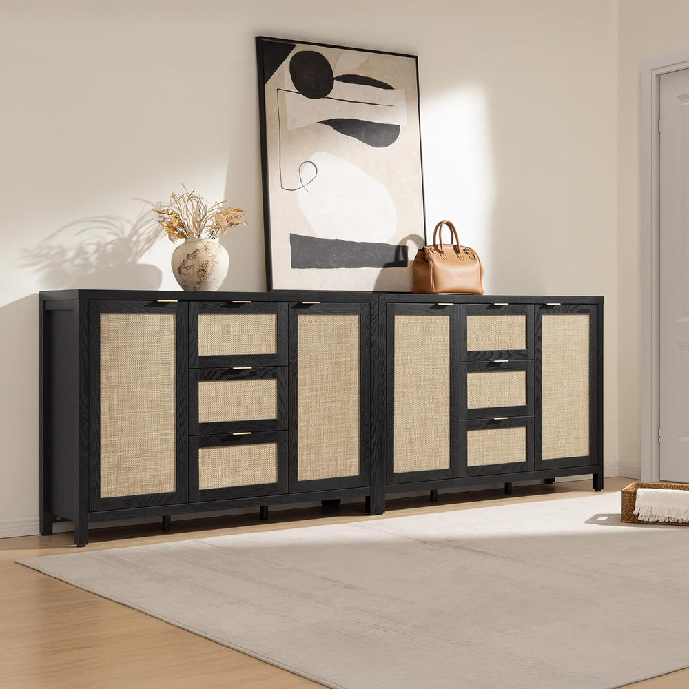SICOTAS Rattan Large Sideboard Buffet Cabinet with Storage - Farmhouse Boho C...