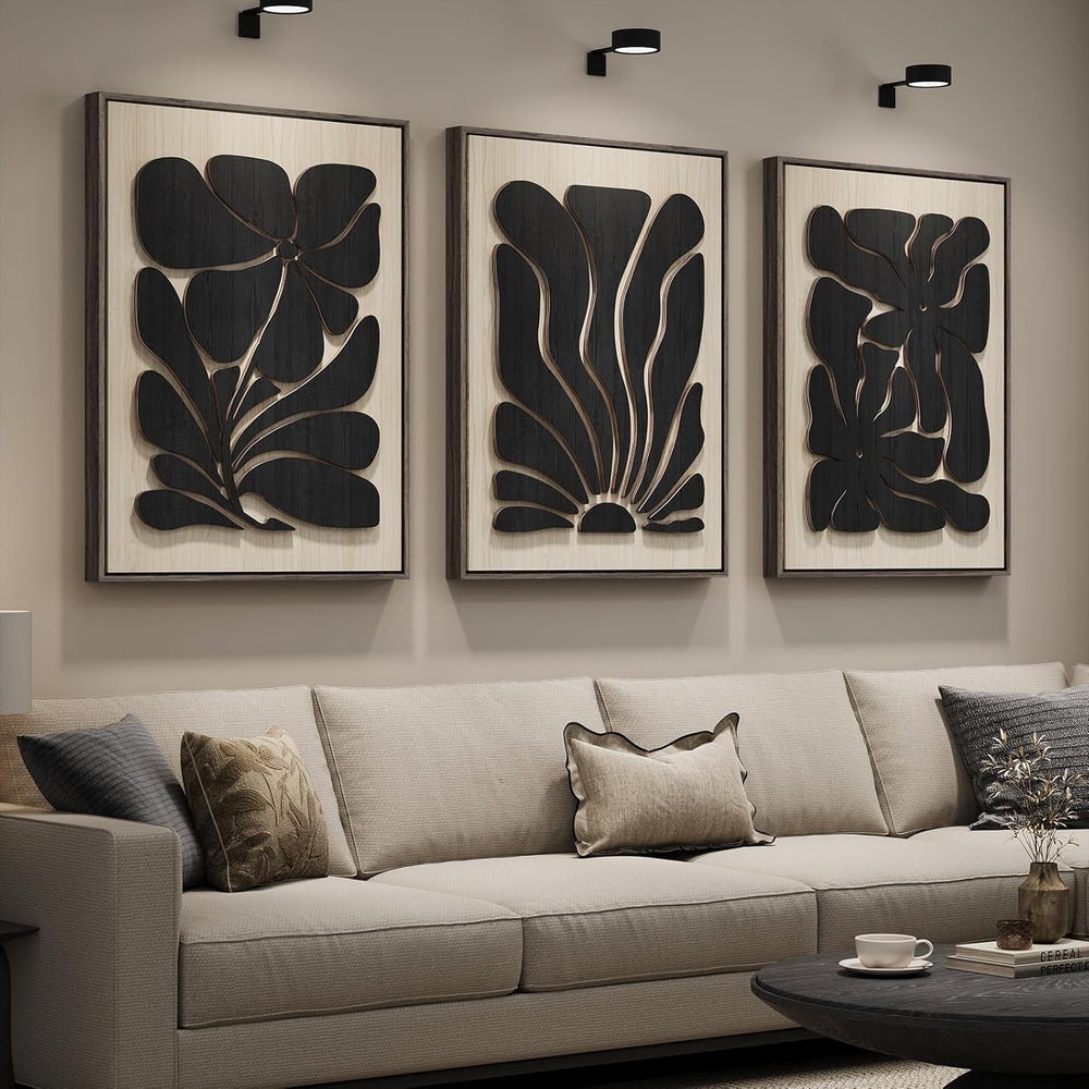 Large Framed Wood 3D Boho Black Floral Wall Art for Living Room, 24x36 Inch