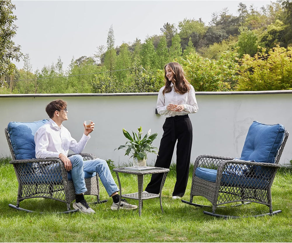Patio Furniture Set 3 Pieces, Wicker Outdoor Rocking Bistro Set, Blue | VONZO...