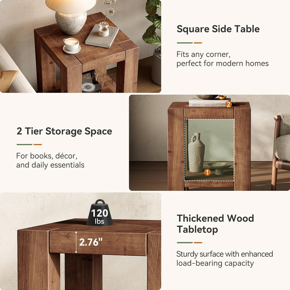 Solid Wood Side Table Set of 2, Farmhouse 2-Tier End Tables with Storage Shel...