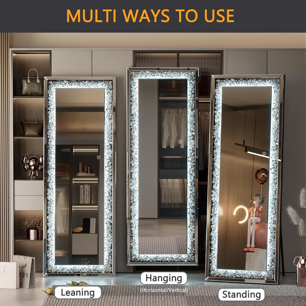 Hasipu Full-Length Mirror 69”×26” with Lights and Crystal Crush Diamond, Wall...