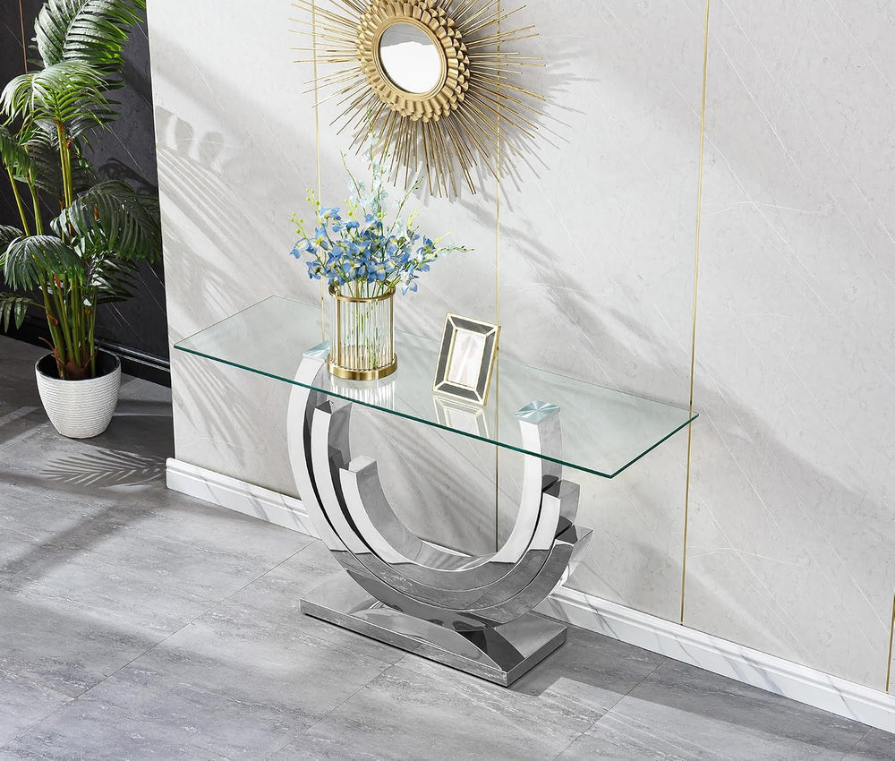 HomVent Glass Sofa Table with Silver Stainless Steel Base | 47"Rectangul...