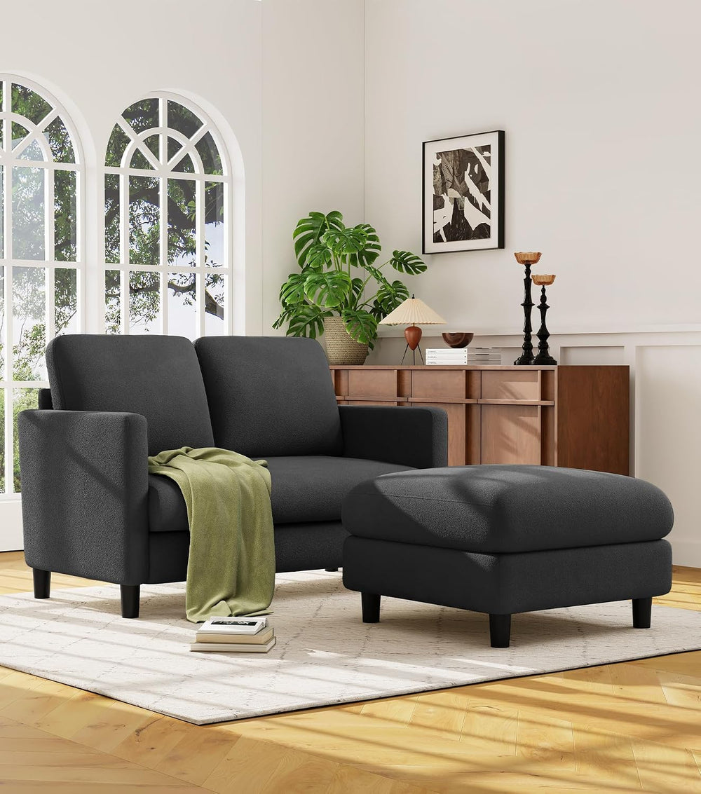 Welzona Loveseat Sofa with Ottoman, 51" Small L Shaped Teddy Couch Sofa