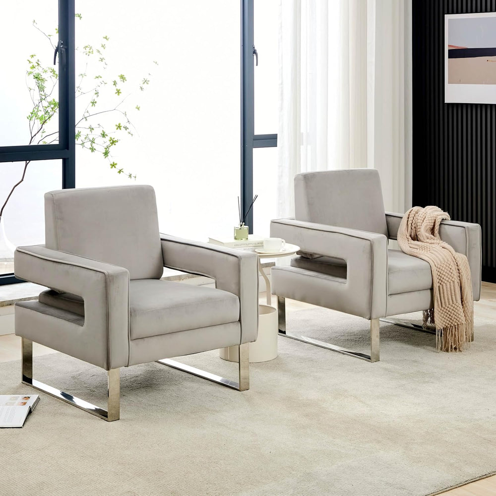 Velvet Accent Chair, Modern Armchair with Silver Base, Grey
