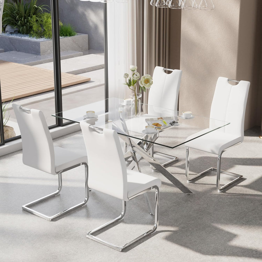 5-Piece Dining Table Set for 4, Modern Rectangular Glass Table with 4 Upholst...