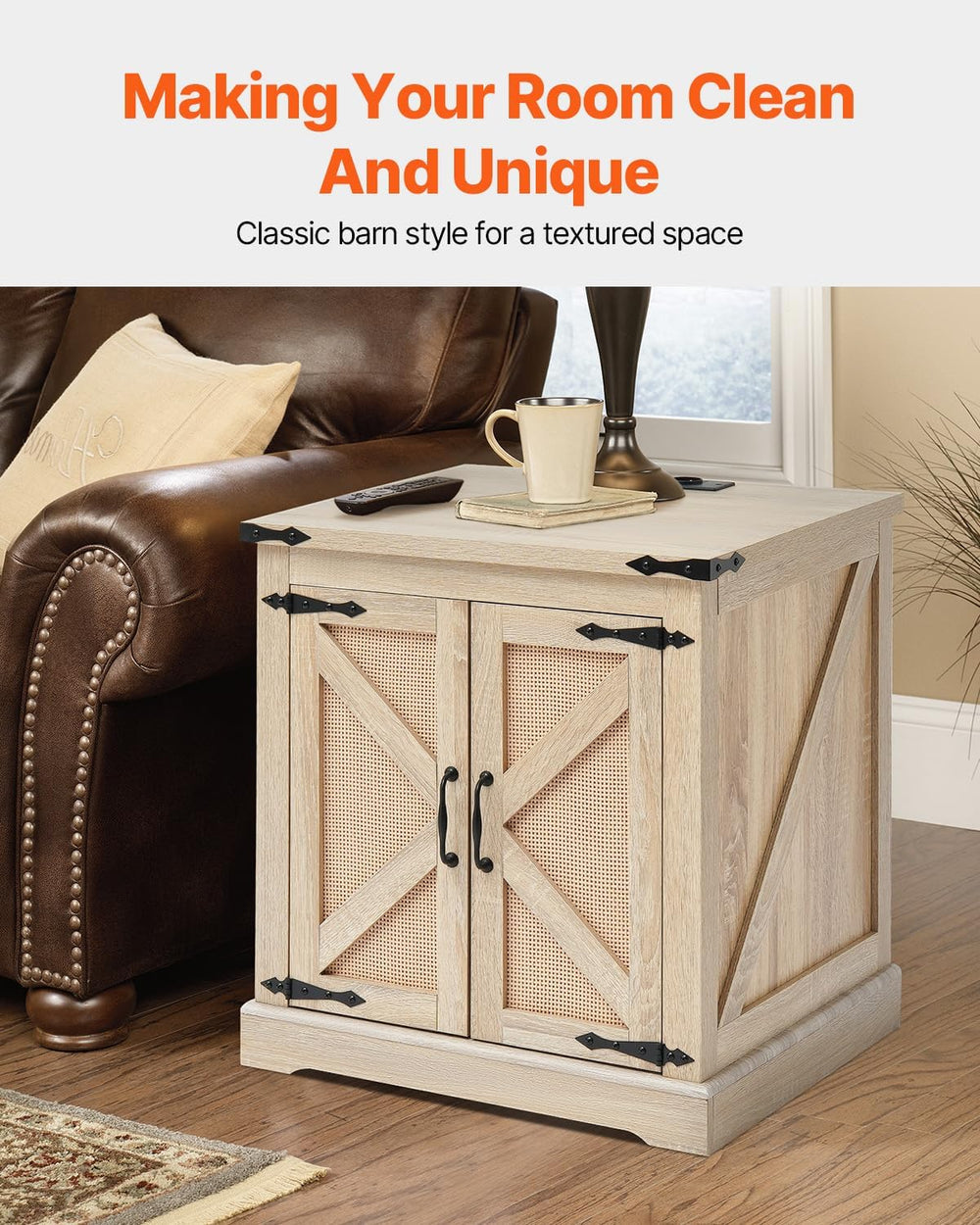 VEVOR Farmhouse End Table, Rectangle PE Rattan Woven Wood Coffee Table, 24-In...