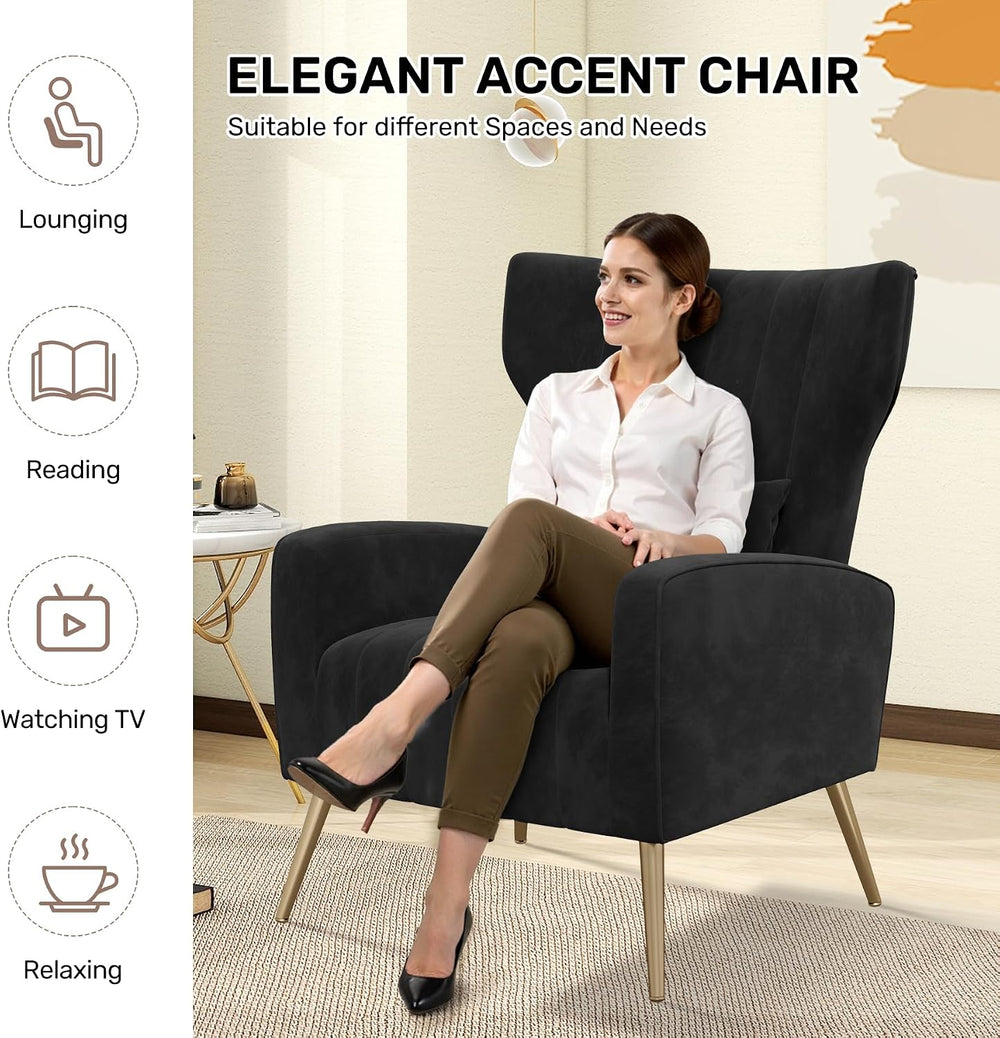 Nebuaegis Black Velvet Accent Chair Set of 2, Wingback Chair for Living Room,...