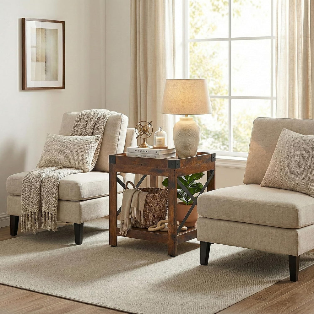 Farmhouse Square Side Table with Open Storage Shelves, Large End Table Modern...