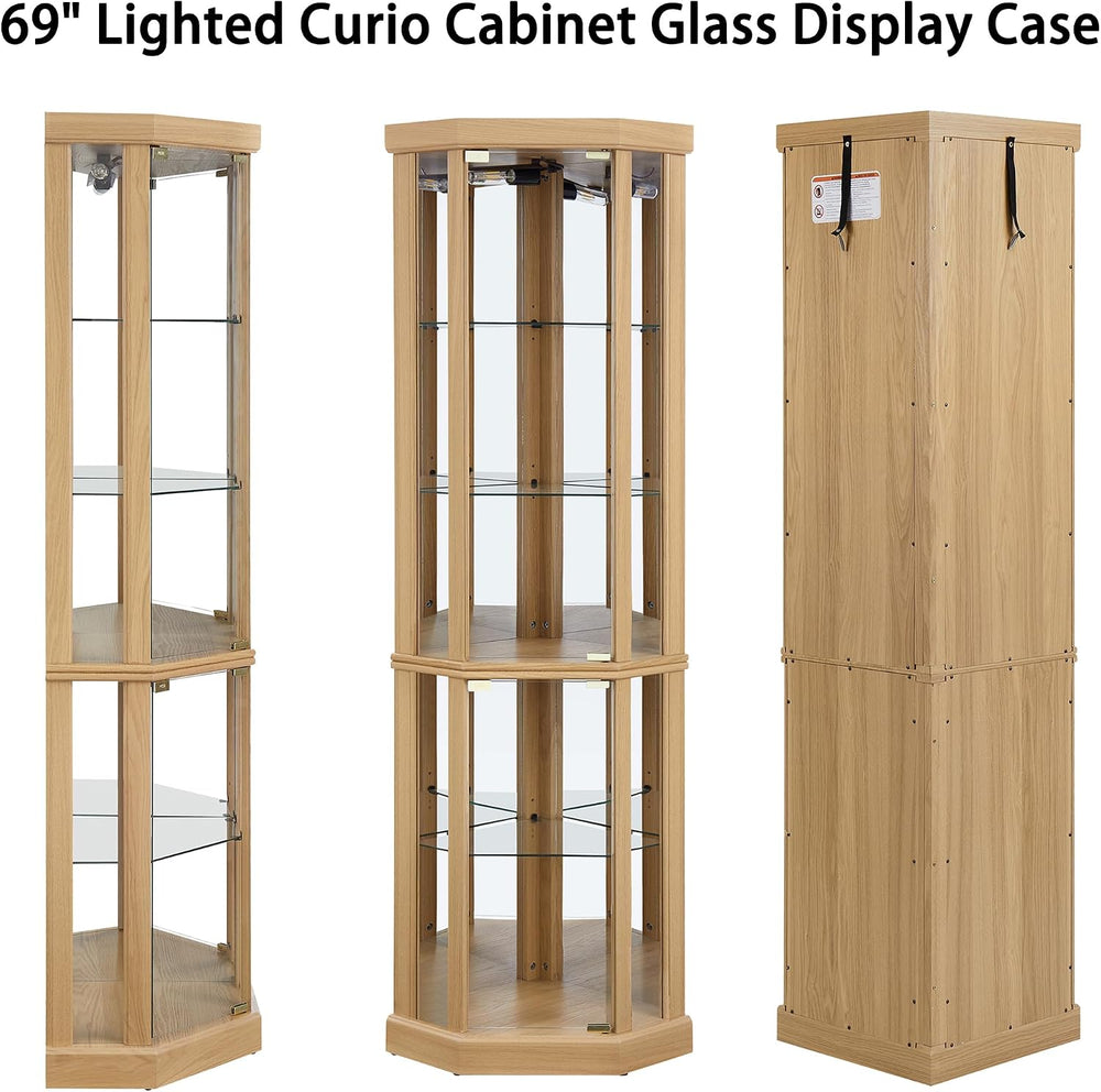 69" H Lighted Corner Display Cabinet, Curio Corner Glass Cabinet w/Adjus...