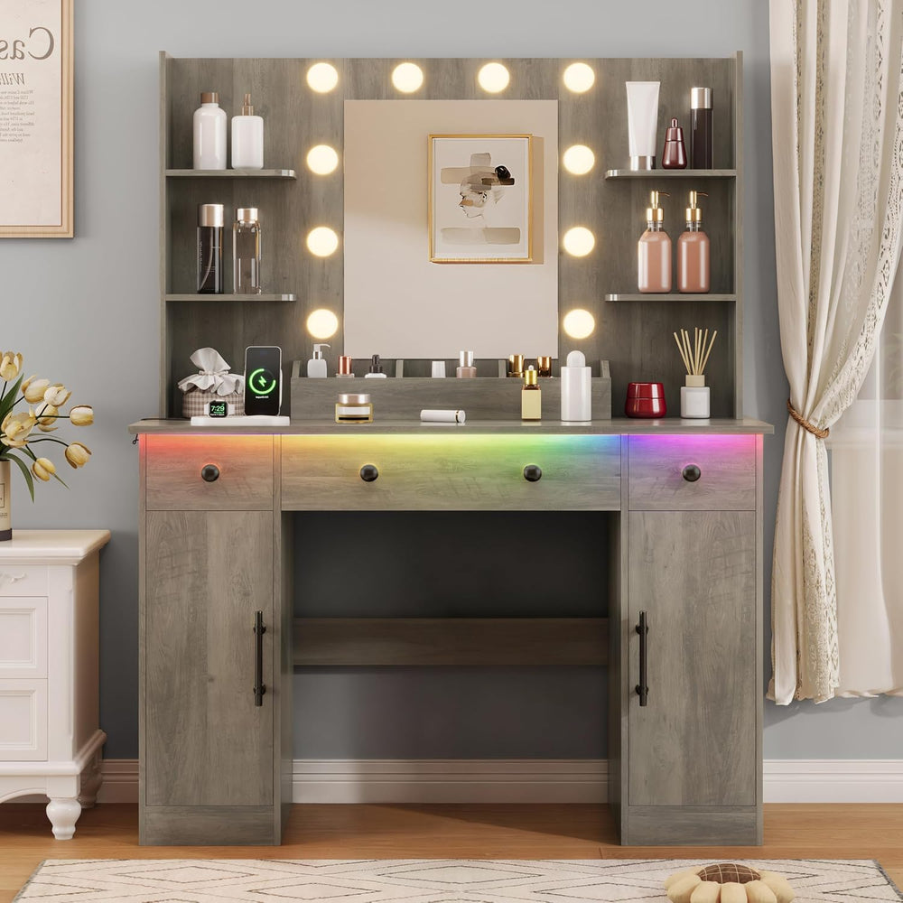 HUANLEGO Vanity Desk with Mirror and Lights, Makeup Vanity with Mirror and LE...