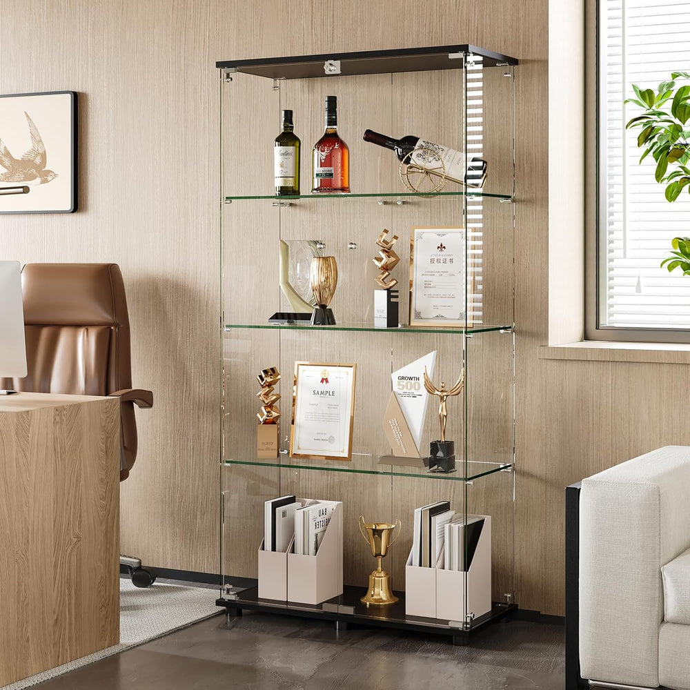 Glass Display Cabinet with 4-Shelf Double Door and Lock, 5mm Tempered Glass