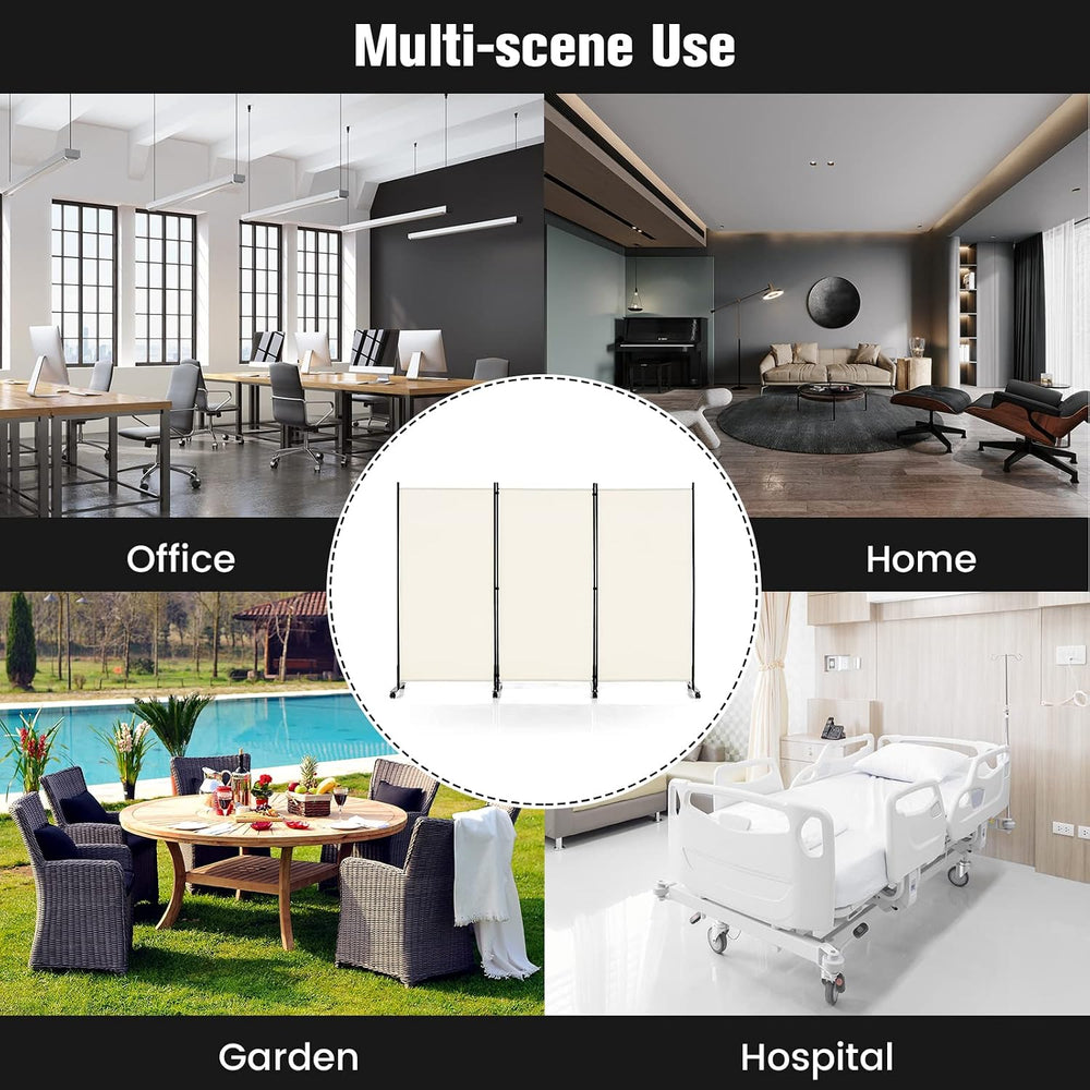 3 Panels Folding Privacy Screen, 6FT White Rolling Room Divider