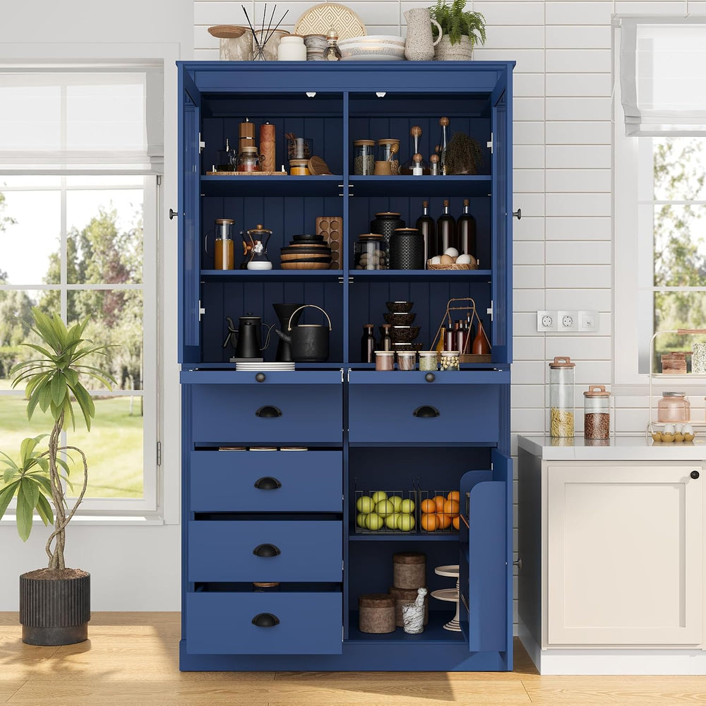 Tall Kitchen Pantry Cabinet with Glass Doors, Display Cabinet Coffee Bar Cabi...