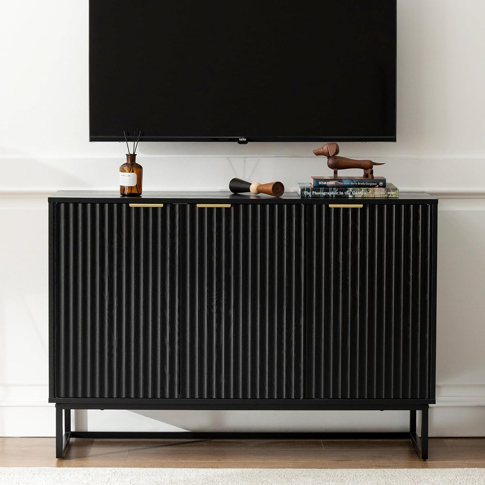 Fluted Storage Cabinet with 3 Doors, Sideboard Buffet Cabinets with Adjustabl...