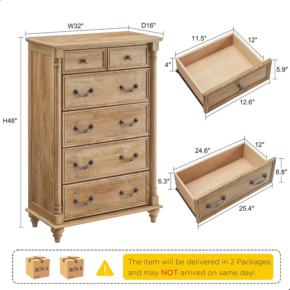 T4TREAM Farmhouse 6-Drawer Dresser with Solid Wood Feet, Light Tree Knot