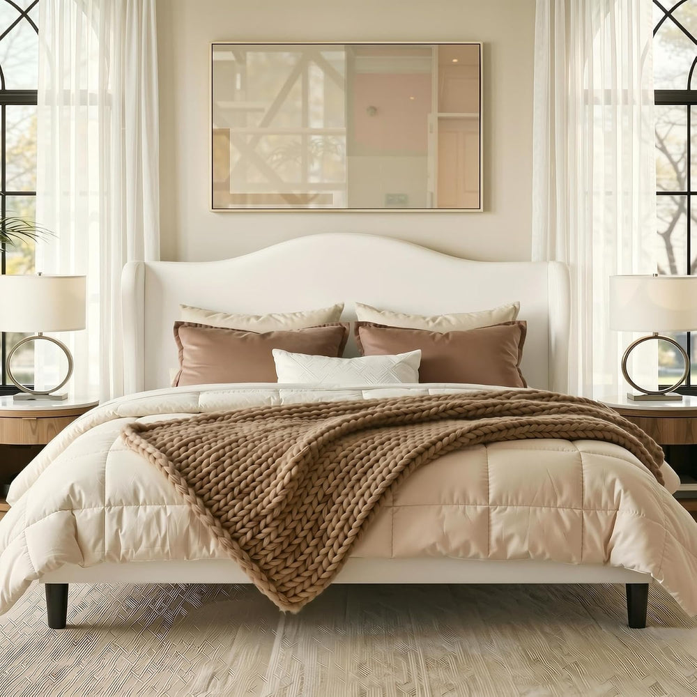 Allewie King Size Bed Frame, Plush Velvet Wingback, Modern Style, White
