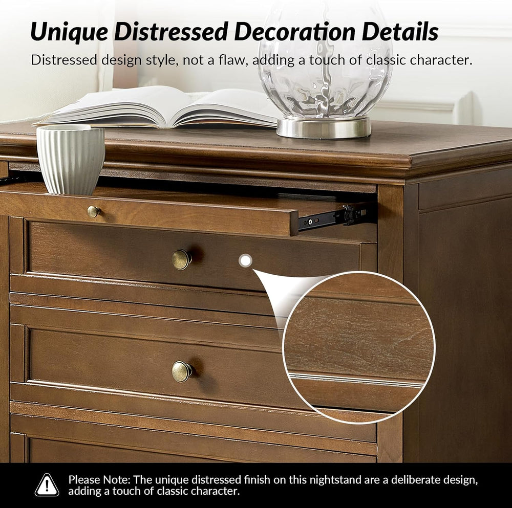 HULALA HOME Farmhouse 3 Drawer End Table with Charging Station, Walnut