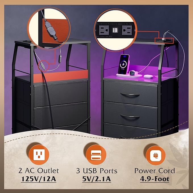 WLIVE Night Stand with Charger Station, LED Nightstand with 4 Fabric Drawers ...