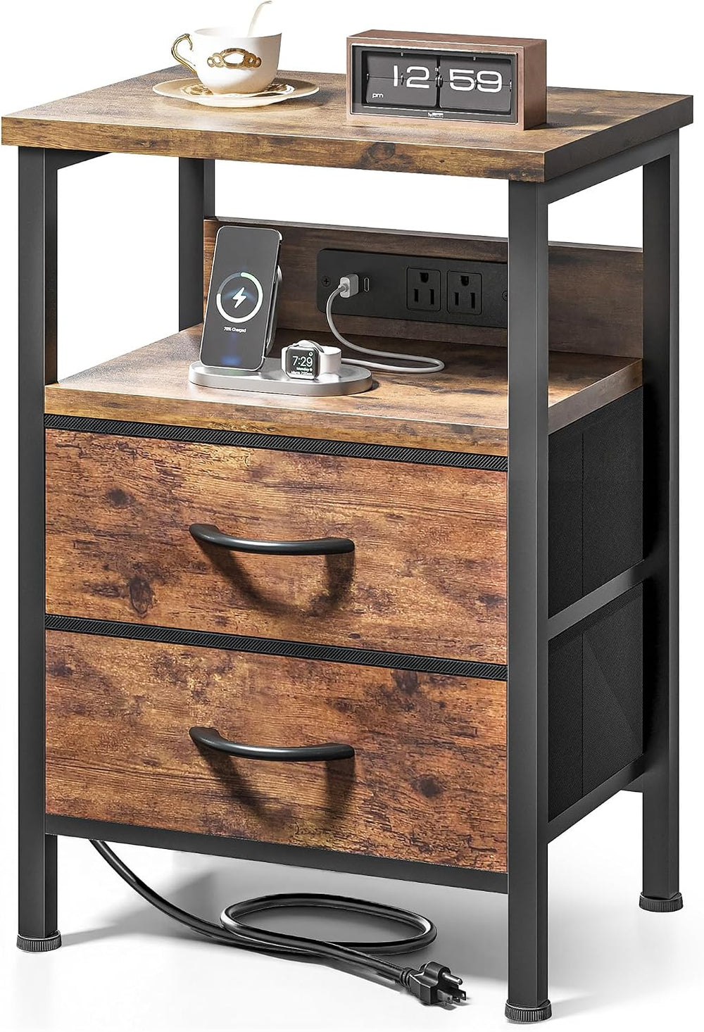 Lazzanto Night Stand with Charger Station for Bedroom, Brown Nightstand | Bed...
