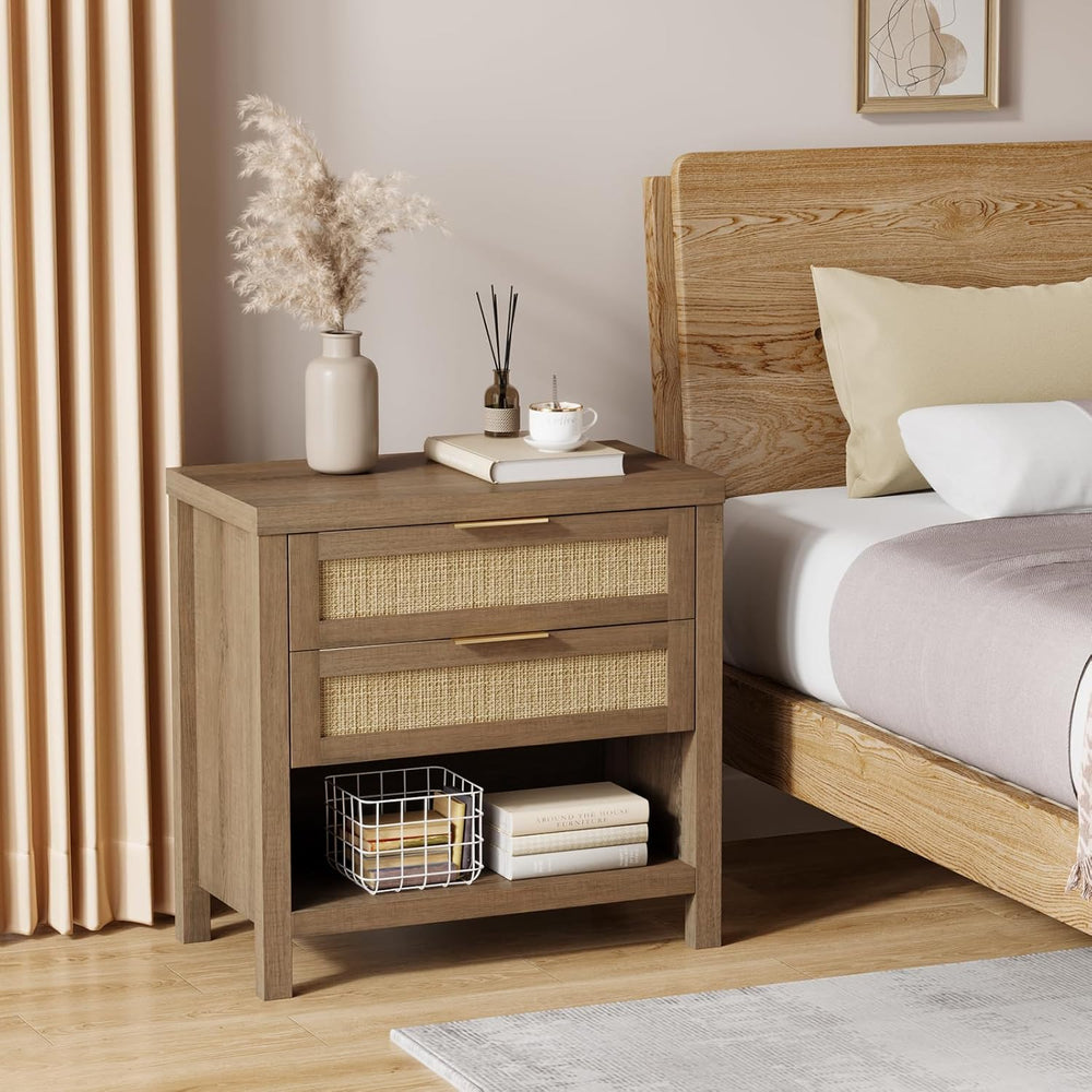 Eclatara Rattan Nightstands Set of 2 with 2 Drawers and Storage Shelf | Ratta...