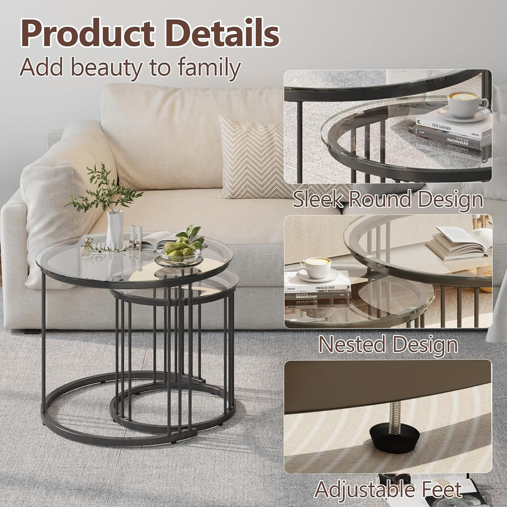 Garden 4 you Nesting Coffee Table, 23.6" Round Coffee Table Set of 2, Gl...