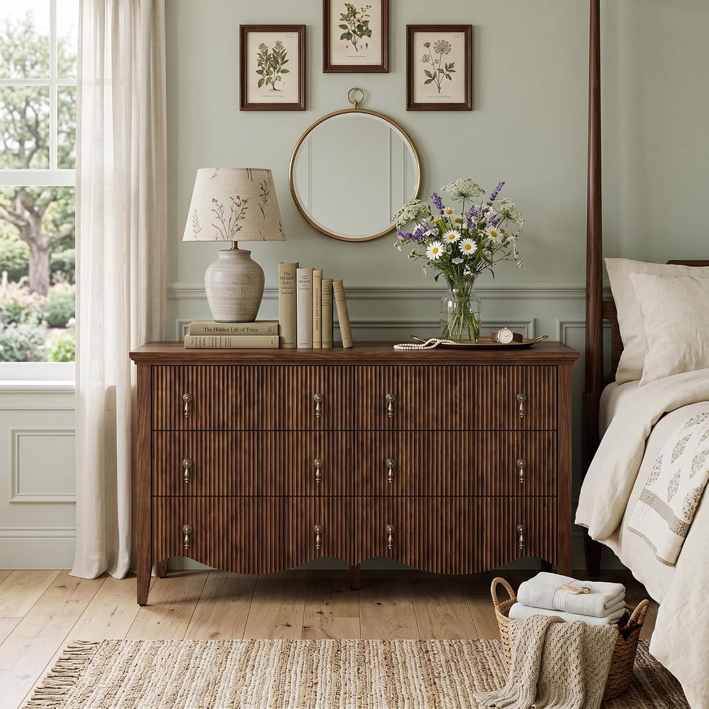 Walnut 6-Drawer Fluted Dresser, Wide Double Chest of Drawers,