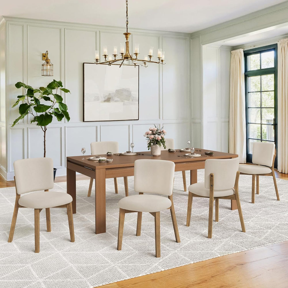 LUE BONA Linen Farmhouse Dining Chairs Set of 6, Natural Wood Leg