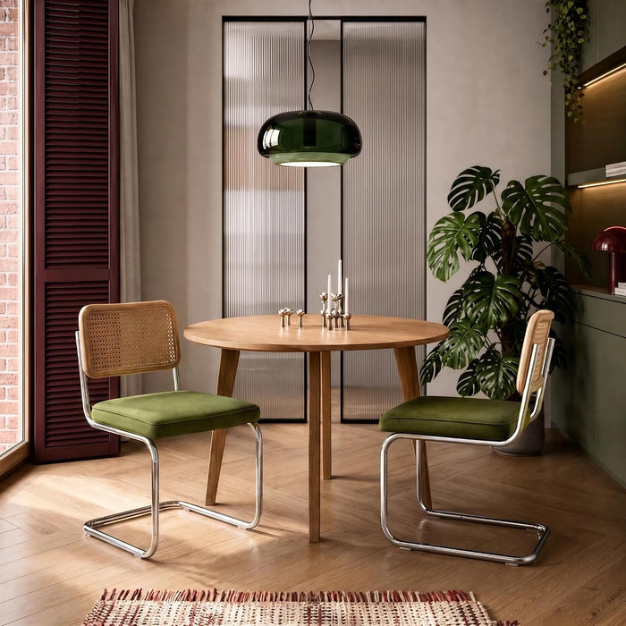 Rattan Back Velvet Dining Chair Set of 2 Modern Breuer Designed Stainless Chrome Base Armless Upholstered Dining Chair for Dining Room, Kitchen Island(Olive Green)