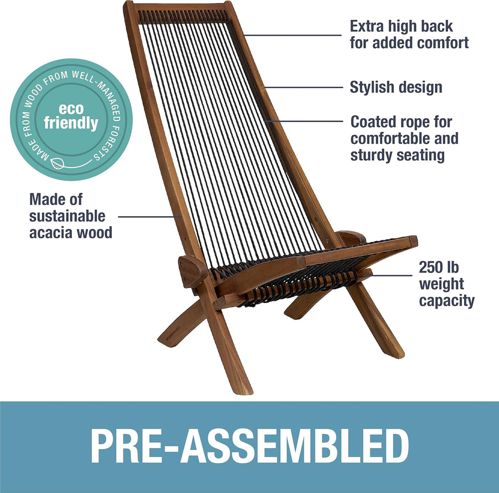 CleverMade Tamarack Folding Rope Chair - Foldable Outdoor Low Profile Wood Lo...