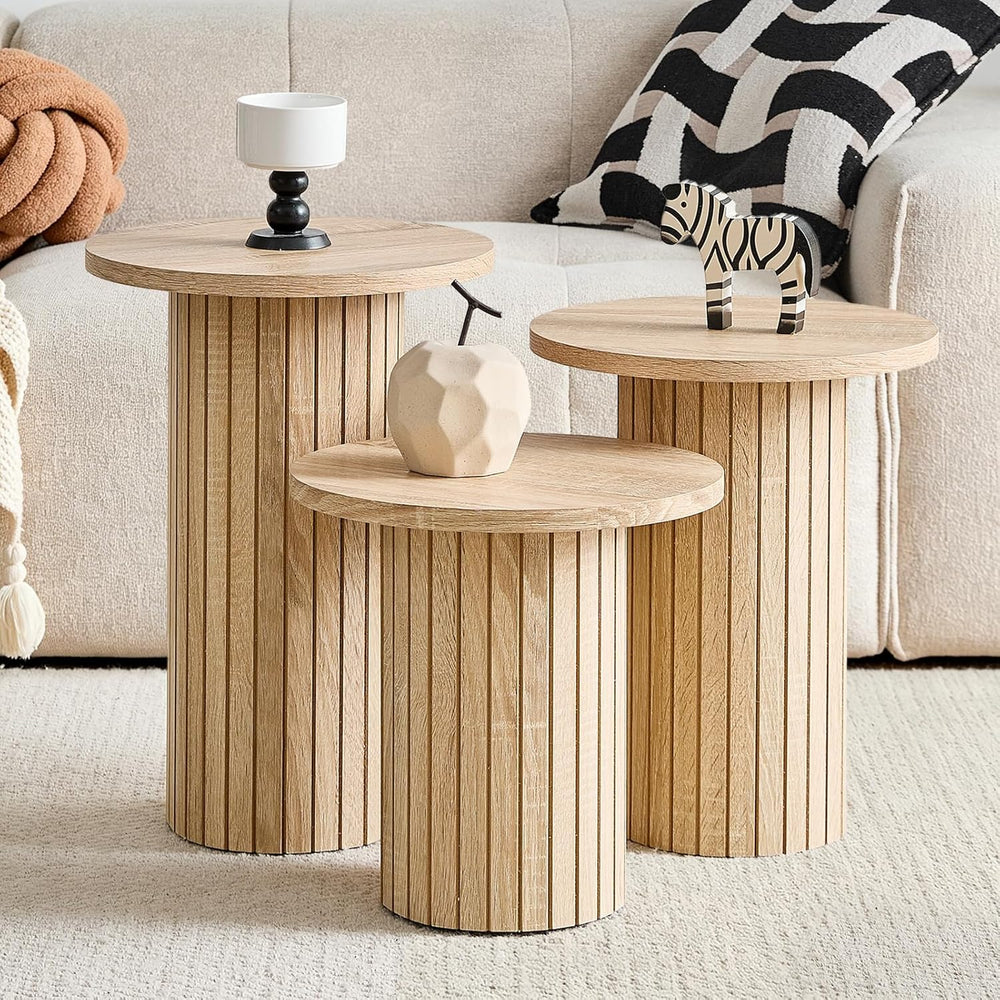 Round Nesting Coffee Table Set of 3 Mid Century Modern Wood Round Coffee Tabl...