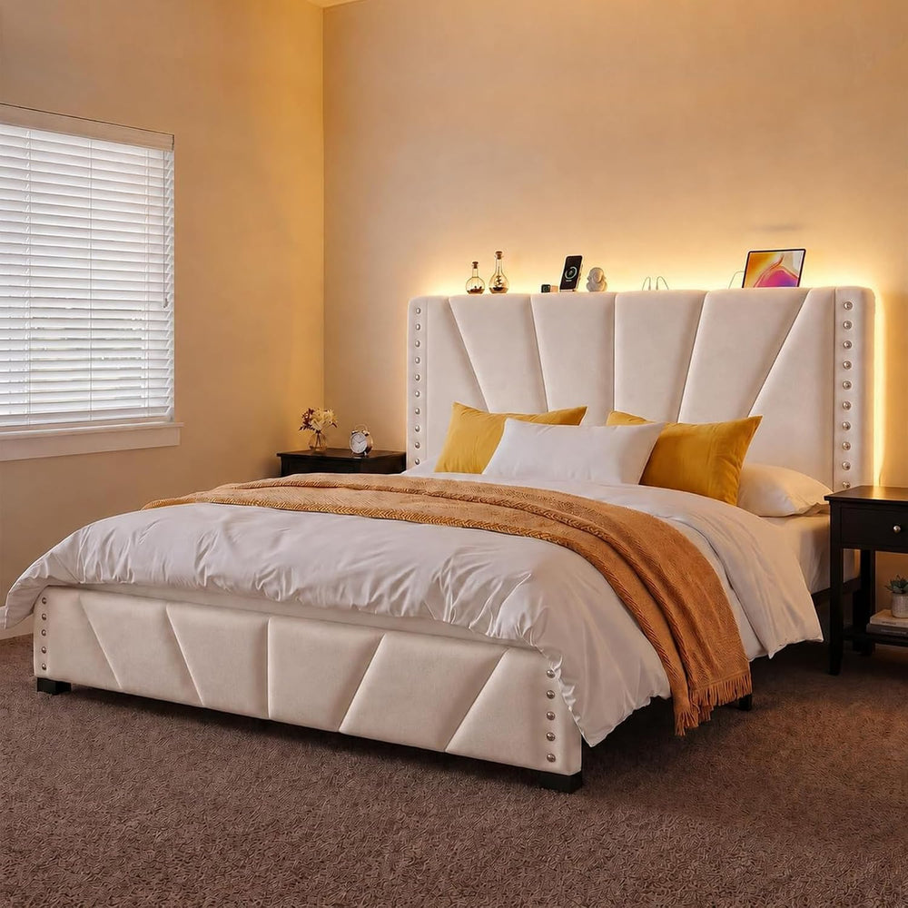 EnHomee Queen Bed Frame with LED Lights & USB, Noise-Free, Beige
