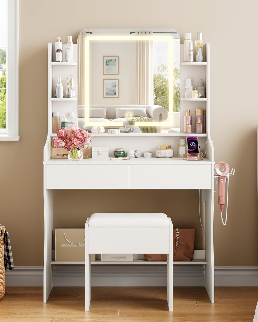 wanan Vanity Desk with Mirror and Lights, Makeup Vanity with 3 Color Adjustab...
