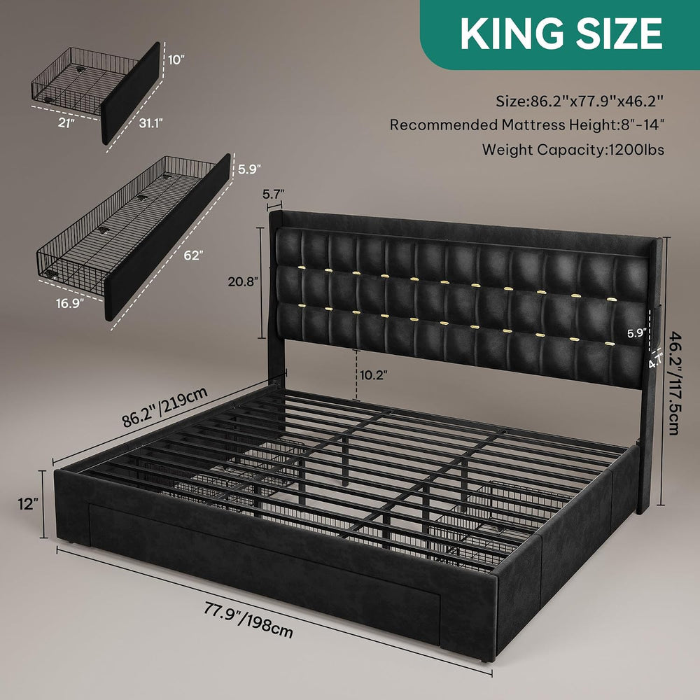 YITAHOME King Size Bed Frame with 3 Storage Drawers and LED Lights, Black
