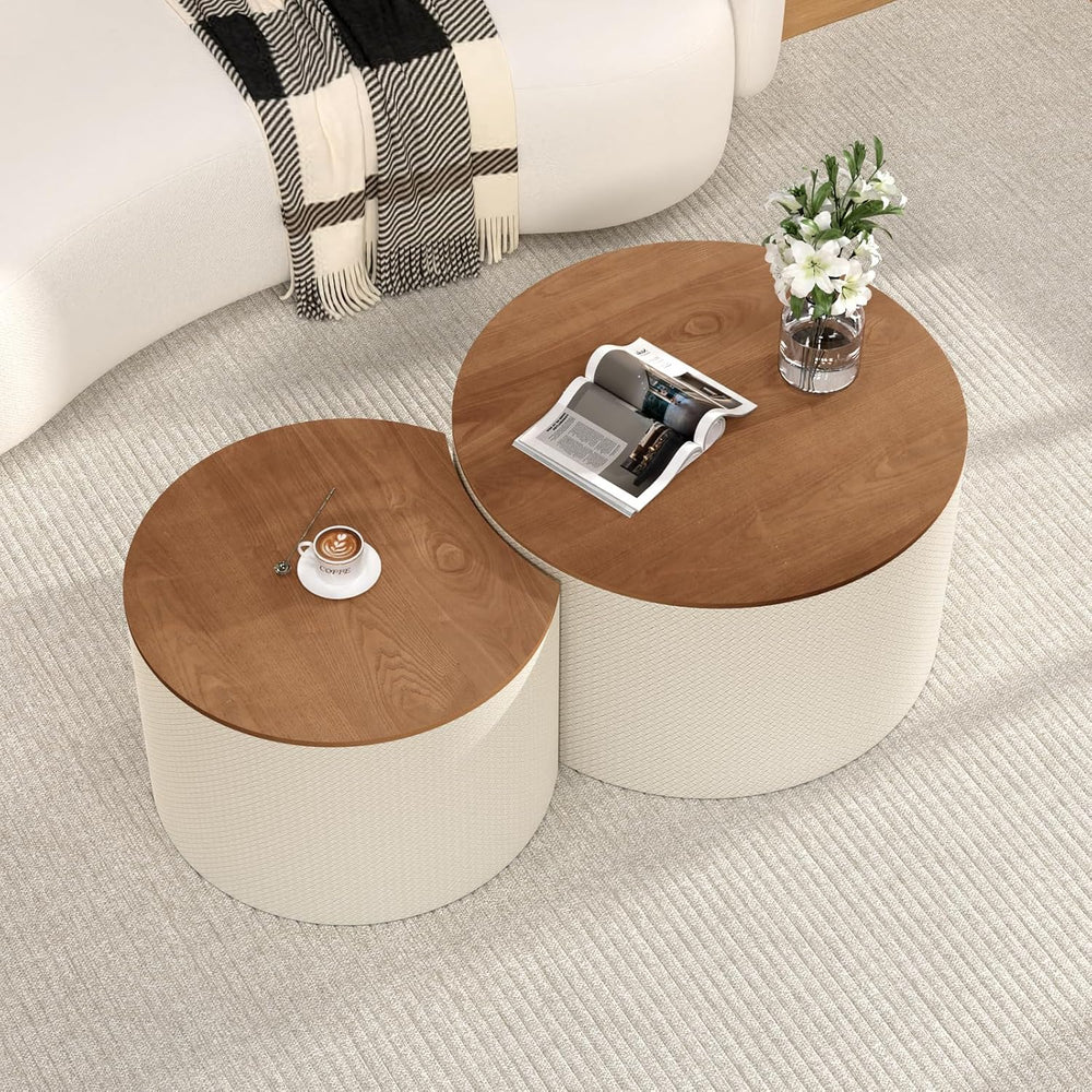 Nesting Coffee Table Set of 2, Modern Round Storage Coffee Table, (White) | W...