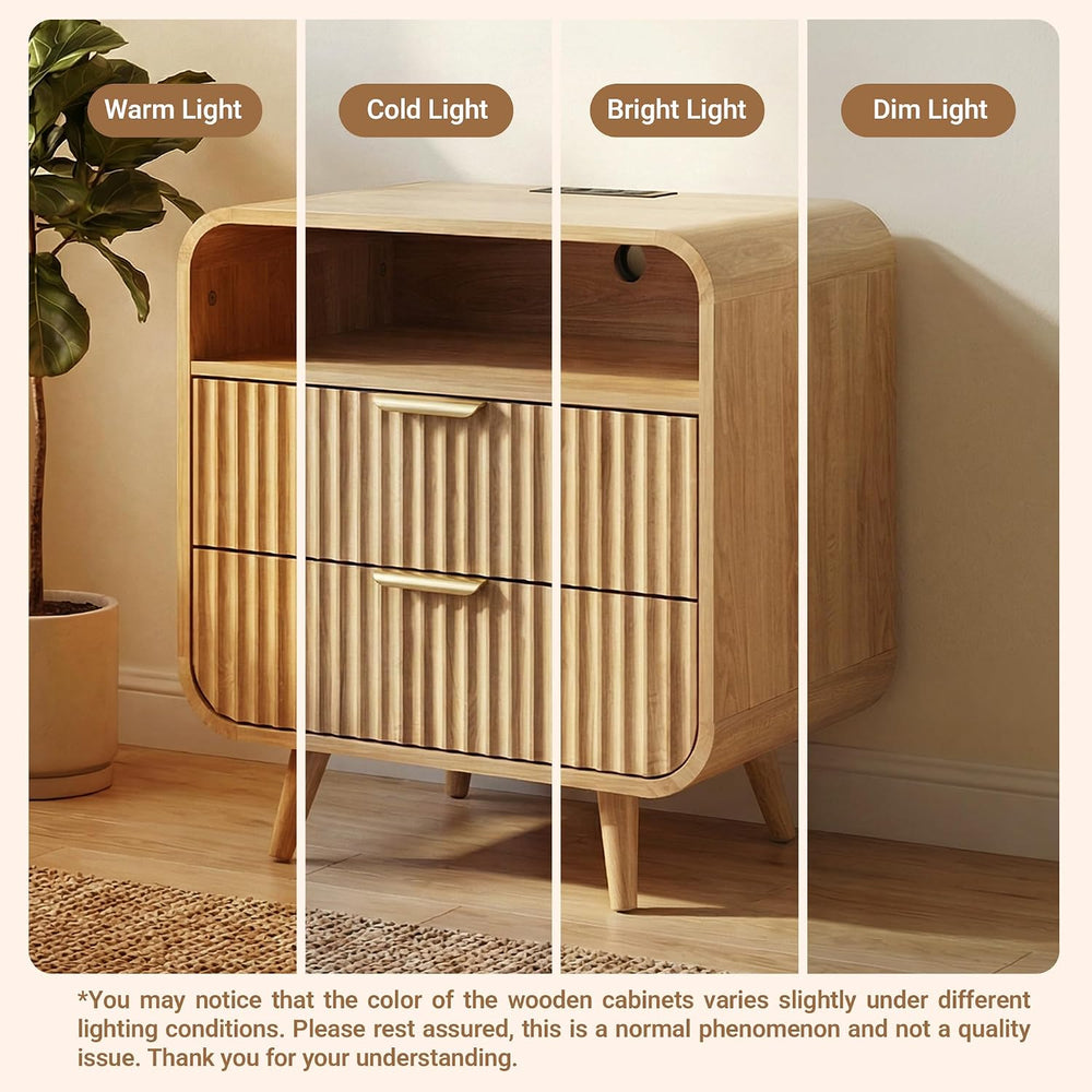 24" Curved Nightstand Set of 2,Night Stand with Charging Station & L...