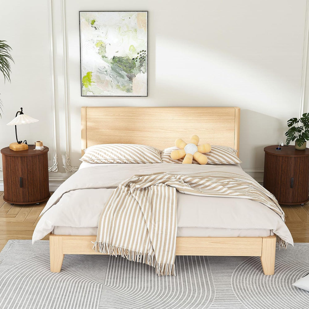 Walnut Nightstand Set of 2 with Charging Station, Mid-Century Round | Each ta...