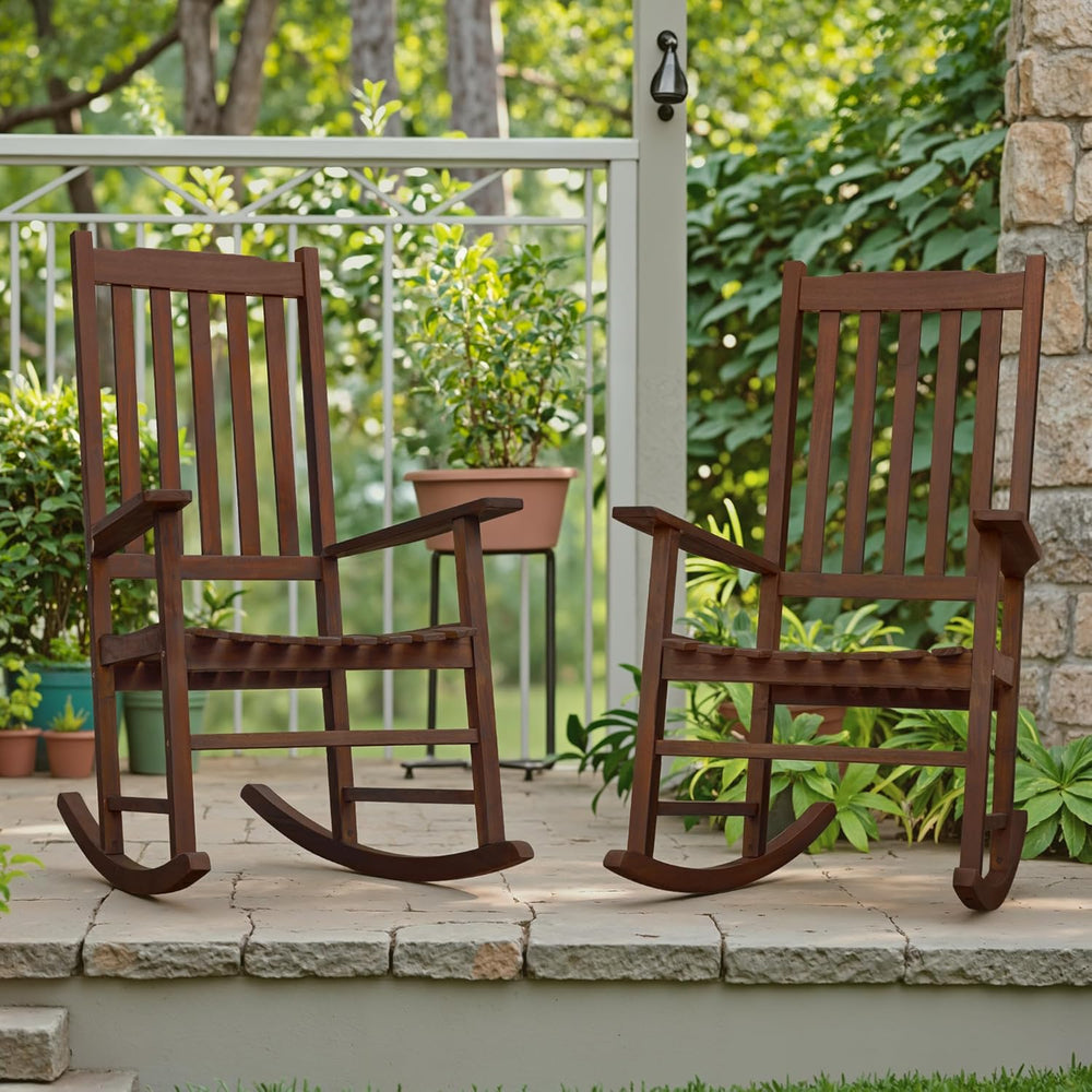 Flamaker Acacia Wood Outdoor Rocking Chairs Set of 2 (Brown) | High Back and ...