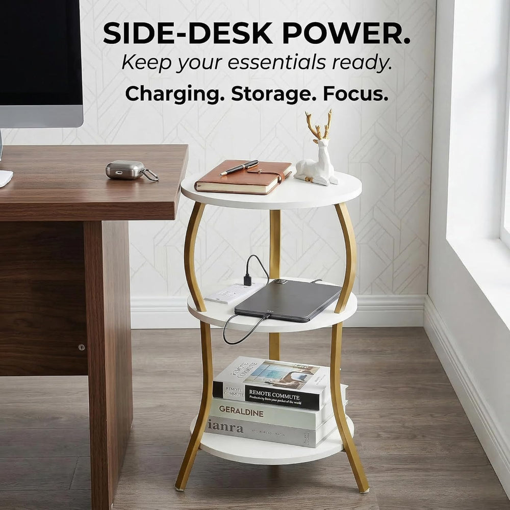 Small Round Side Table with Charging Station, 3-Tier Waist Circular End Table...