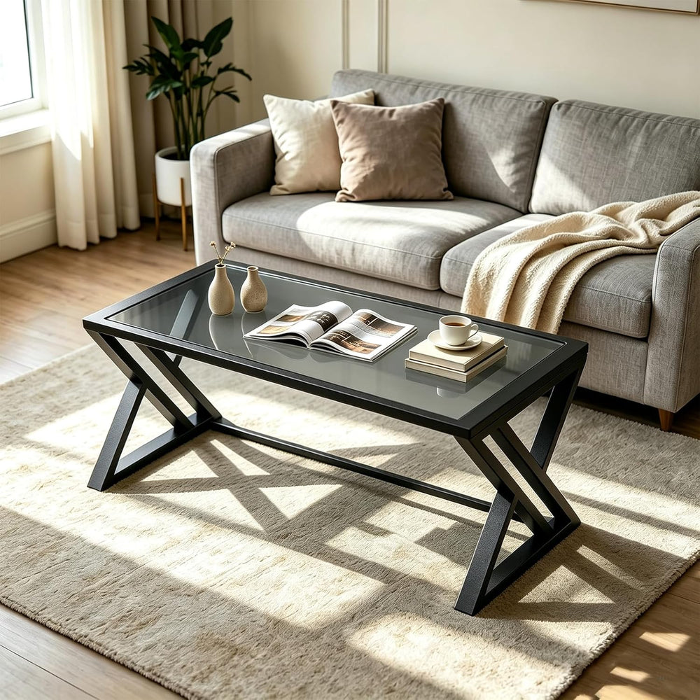 Wolawu Coffee Table Grey Glass Coffee Tables for Living Room, Center Table