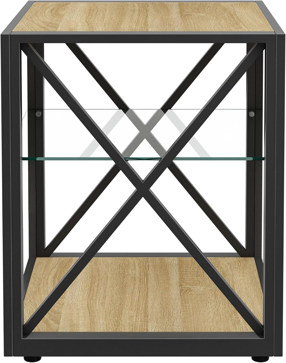 Modern End Table with Tempered Glass Shelf and Natural Wood MDF, Industrial M...