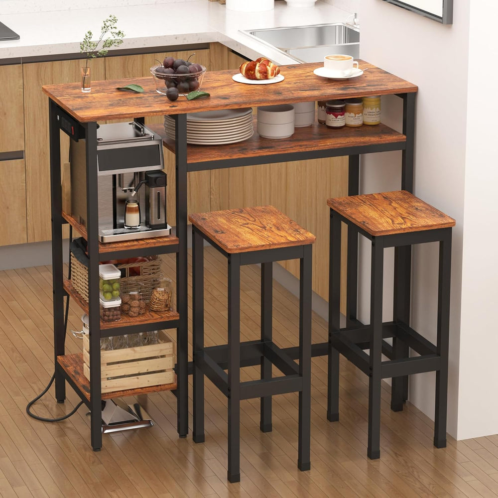 3-Piece Bar Table and Chairs Set,Counter Height Bar Table Set with Power Outl...