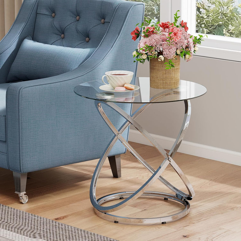 OIOG Glass Round End Table, Modern Contemporary Side Table for Small Space wi...
