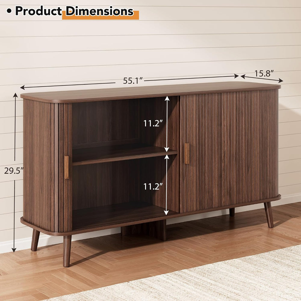 55" Fluted Sideboard Buffet Cabinet with Sliding Door, Mid-Century Moder...