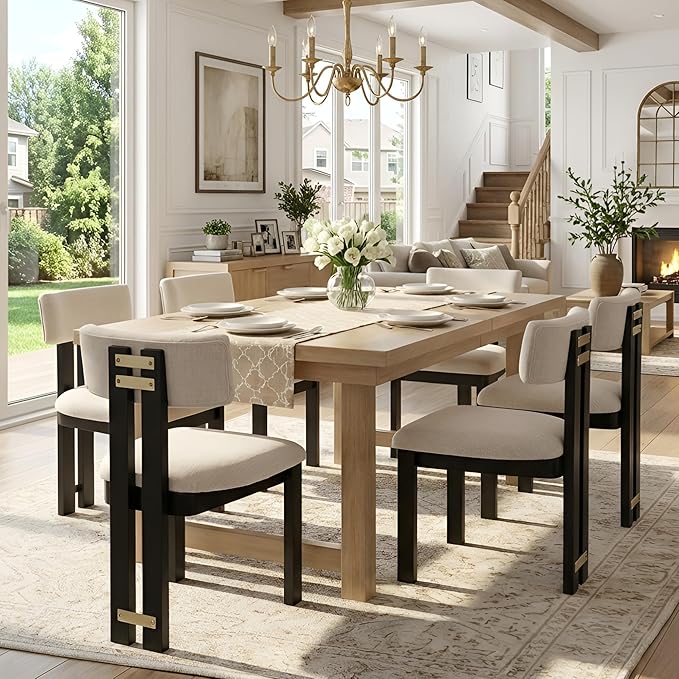 HNY Modern Farmhouse Linen Dining Chairs Set of 6, Beige Fabric Upholstered D...