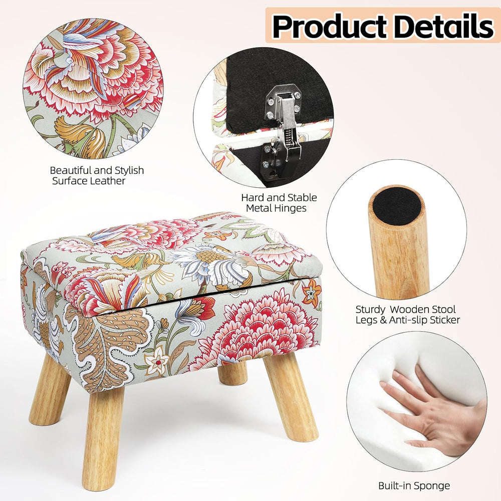 Small Storage Ottoman with Wood Legs, Boho Floral Upholstered Footrest | Hidd...